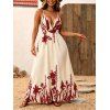 Vintage Vacation Dress Floral Leaf Silhouette Print Plunging Neck Open Back Maxi Dress - Champagne S | US 4