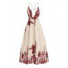 Vintage Vacation Dress Floral Leaf Silhouette Print Plunging Neck Open Back Maxi Dress - Champagne XL | US 10