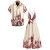 Vintage Vacation Couple Outfit Floral Leaf Silhouette Print Plunging Neck Open Back Maxi Dress and Shirt Set - Champagne S | US 4