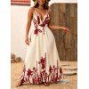 Vintage Vacation Couple Outfit Floral Leaf Silhouette Print Plunging Neck Open Back Maxi Dress and Shirt Set - Champagne S | US 4