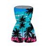 Vacation Couple Outfit Tropical Coconut Tree Seagull Print Ombre Pocket Off the Shoulder Romper and Drawstring Beach Shorts Set - Bleu Toile de Jean S | US 4