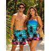 Vacation Couple Outfit Tropical Coconut Tree Seagull Print Ombre Pocket Off the Shoulder Romper and Drawstring Beach Shorts Set - Bleu Toile de Jean S | US 4