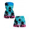 Vacation Couple Outfit Tropical Coconut Tree Seagull Print Ombre Pocket Off the Shoulder Romper and Drawstring Beach Shorts Set - Bleu Toile de Jean S | US 4