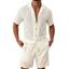 Men's Casual Outfit Solid Color Striped Hollow Out Button Up Shirt and Pocket Drawstring Shorts Set - Beige L