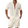 Men's Casual Outfit Solid Color Striped Hollow Out Button Up Shirt and Pocket Drawstring Shorts Set - Beige L