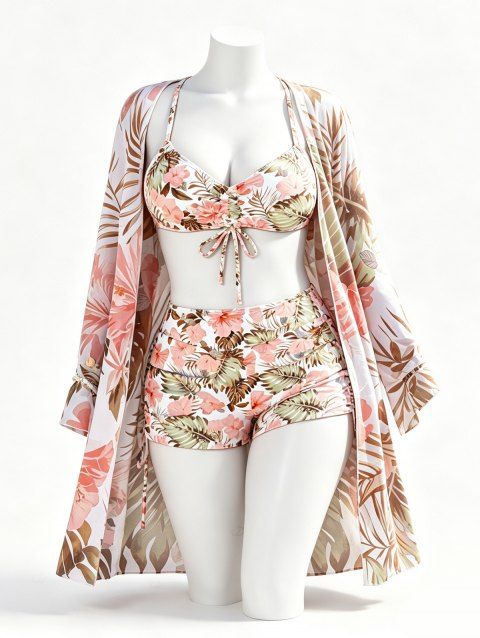 3 Pcs Hawaiian Vacation Bikini Swimsuit Tropical Flower Print Cinched Boyshorts Sheer Cover-up Beach Swimwear Set