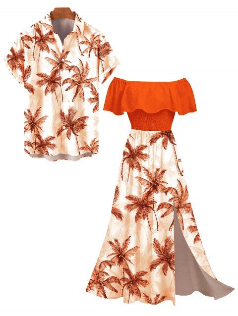 Vacation Couple Outfit Colorblock Coconut Tree Print Flounce Smocked Slit Dress and Shirt Set