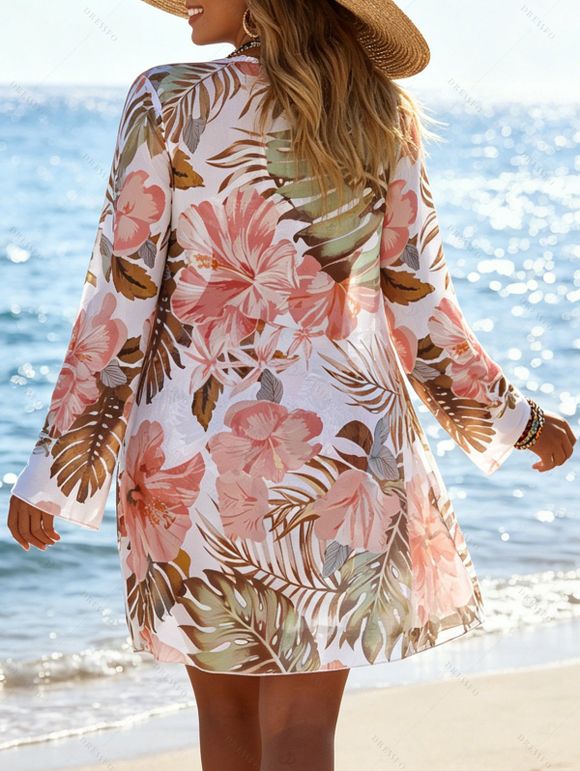 3 Pcs Hawaiian Vacation Bikini Swimsuit Tropical Flower Print Cinched Boyshorts Sheer Cover-up Beach Swimwear Set - Rose clair XXL | US 12