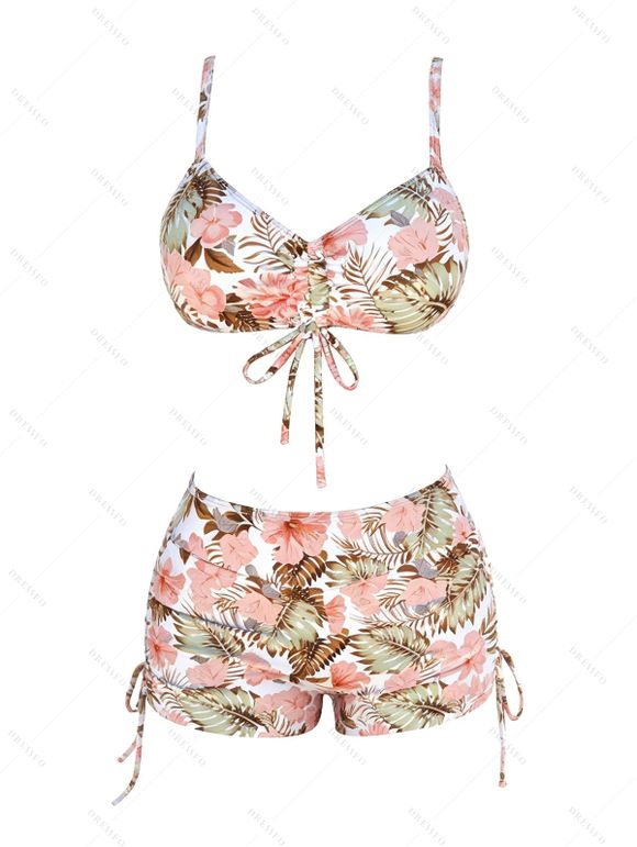 3 Pcs Hawaiian Vacation Bikini Swimsuit Tropical Flower Print Cinched Boyshorts Sheer Cover-up Beach Swimwear Set - Rose clair XXL | US 12