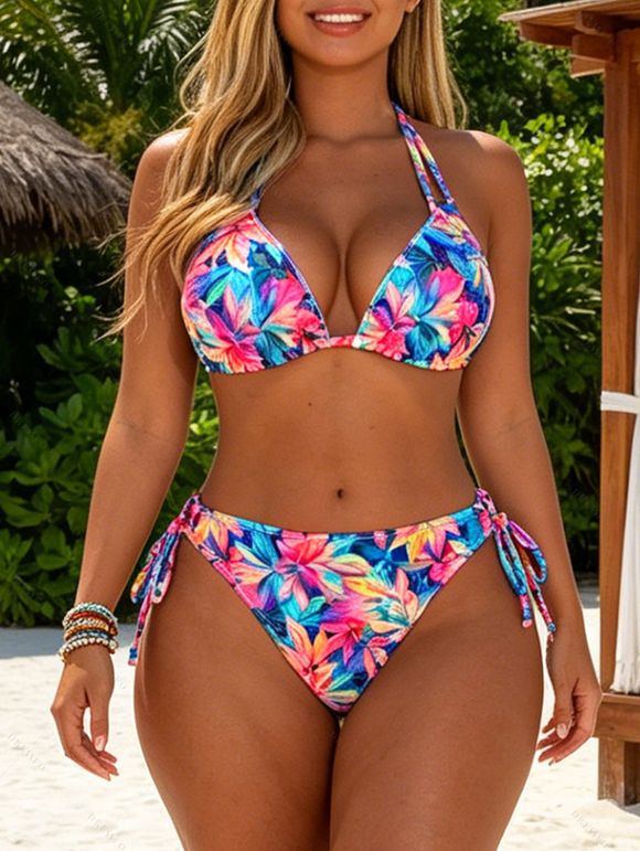 Hawaiian Vacation Bikini Swimsuit Allover Tropical Floral Leaf Print Tied Open Back Halter Beach Swimwear Set - Bleu XXL | US 12