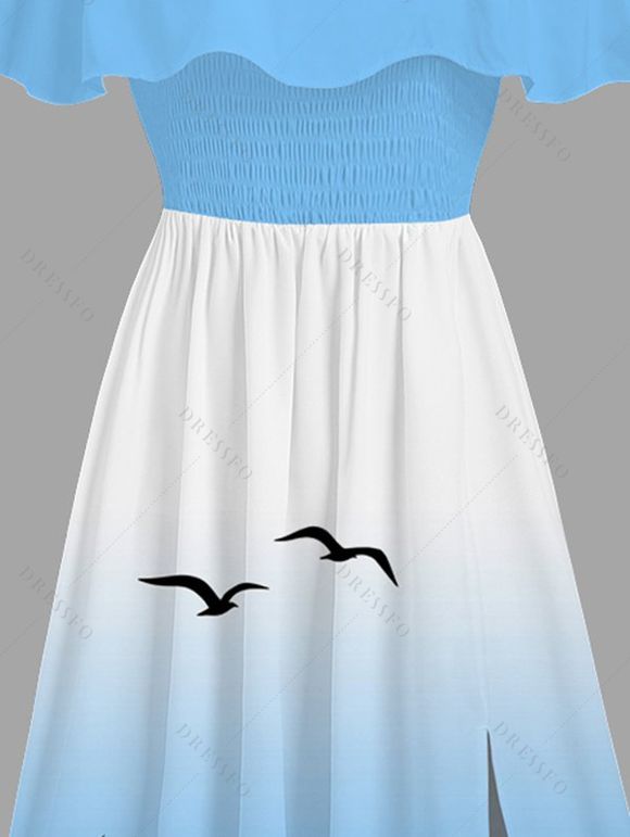 Vacation Dress Coconut Tree Seagulls Print Ombre Flounce Off the Shoulder Smocked Slit Dress - Bleu Ciel XXL | US 14
