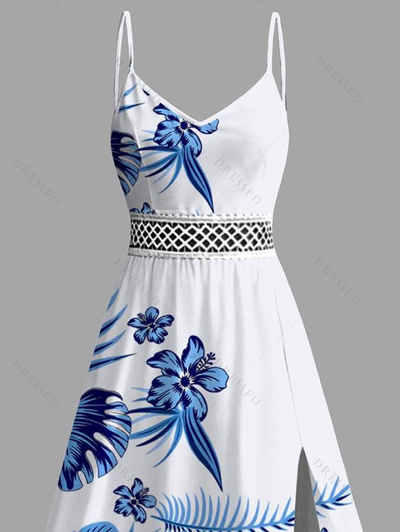 Hawaiian Vacation Dress Tropical Flower Monstera Leaf Print Lace Hollow Out Slit Dress - Bleu Ciel XXXXXL | US 20