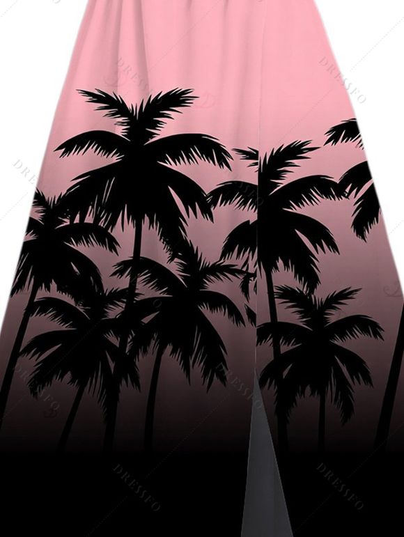 Beach Vacation Dress Coconut Tree Print Ombre Flutter Sleeve V Neck Slit Dress - Rose XXL | US 14