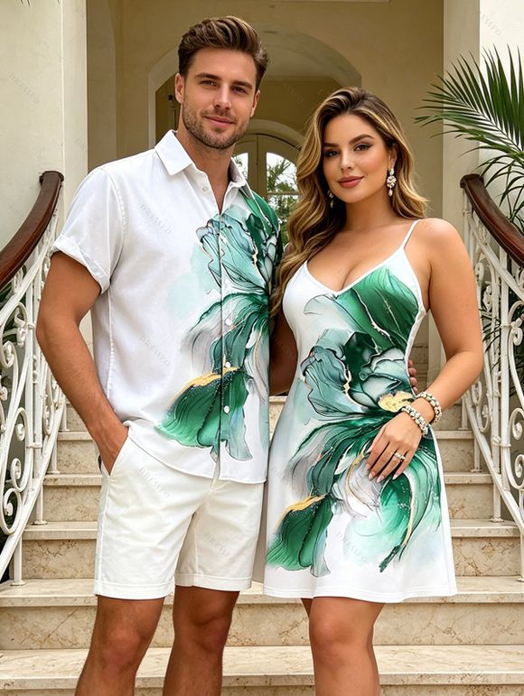 Vacation Couple Outfit Ombre Flower Print Spaghetti Strap Dress and Shirt Set - Émeraude S | US 4