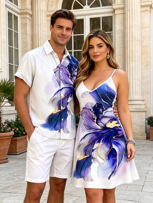 Vacation Couple Outfit Ombre Flower Print Spaghetti Strap Dress and Shirt Set - Bleu profond S | US 4