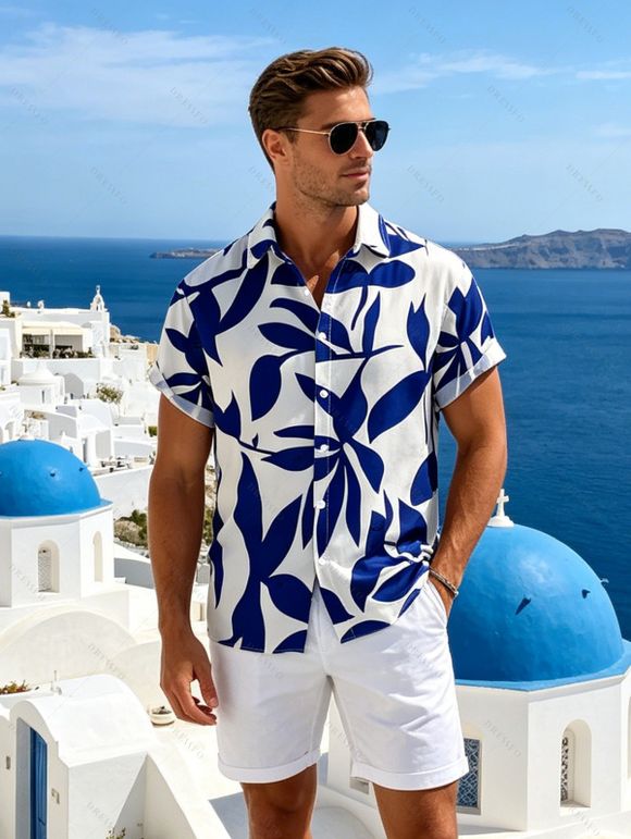 Chemise de vacances pour homme à motif de feuilles - Bleu 5XL