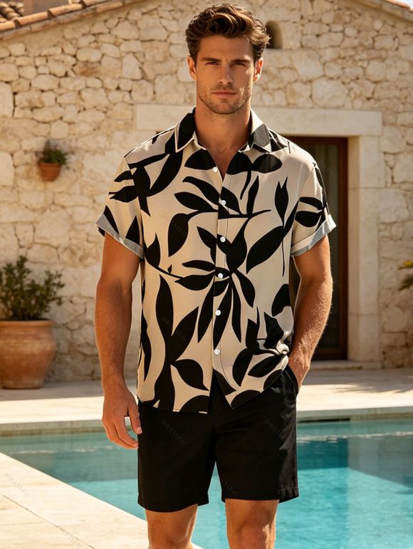 Chemise de vacances pour homme à motif de feuilles, boutonnée - Noir M