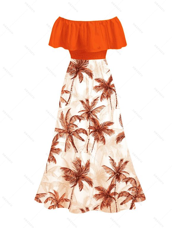 Vacation Dress Colorblock Coconut Tree Print Flounce Off the Shoulder Smocked Slit Dress - Orange XXXL | US 16