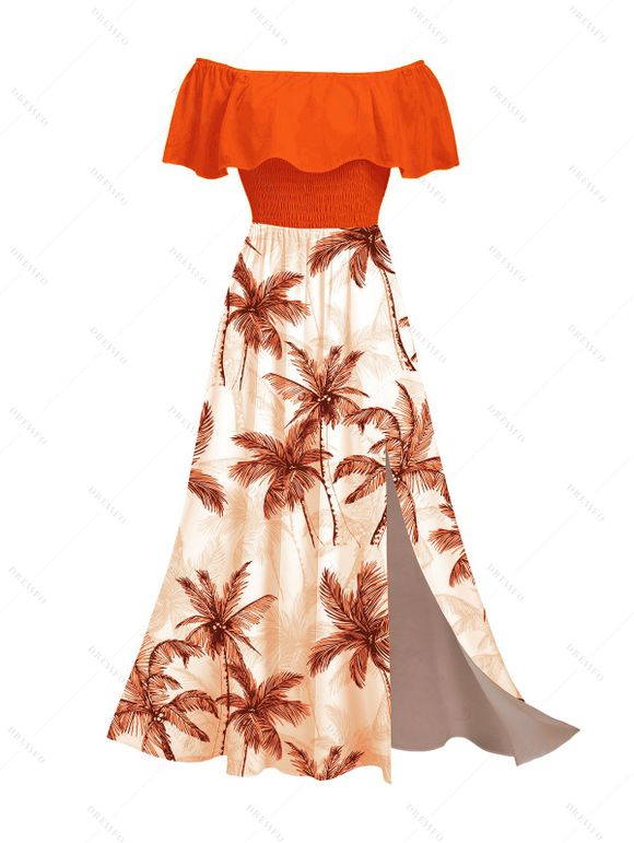 Vacation Couple Outfit Colorblock Coconut Tree Print Flounce Smocked Slit Dress and Shirt Set - Orange S | US 4