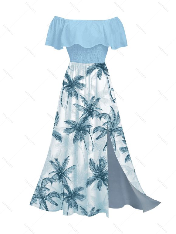 Vacation Couple Outfit Colorblock Coconut Tree Print Flounce Smocked Slit Dress and Shirt Set - Bleu clair S | US 4