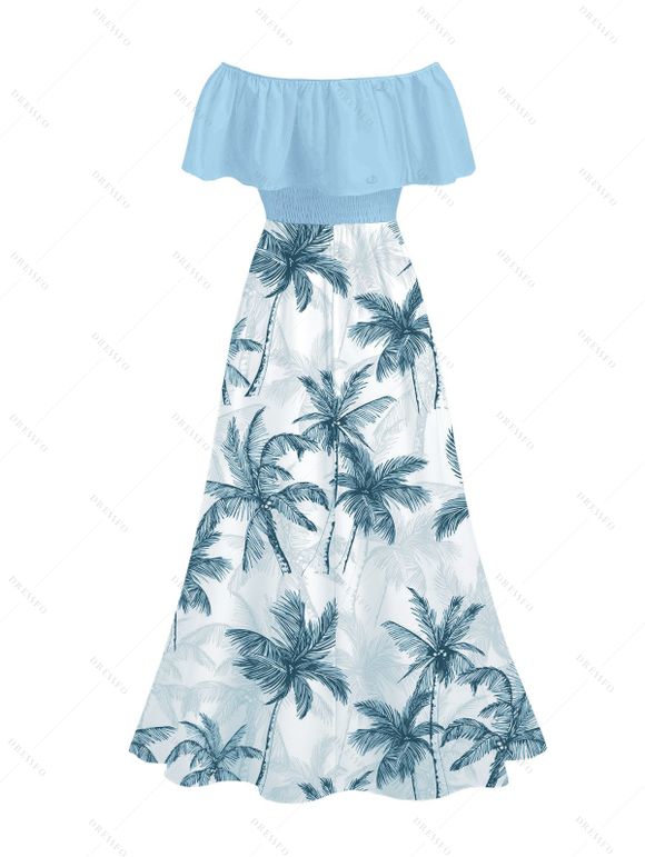 Vacation Couple Outfit Colorblock Coconut Tree Print Flounce Smocked Slit Dress and Shirt Set - Bleu clair S | US 4