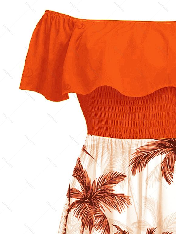 Vacation Couple Outfit Colorblock Coconut Tree Print Flounce Smocked Slit Dress and Shirt Set - Orange S | US 4