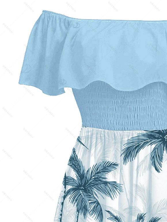 Vacation Couple Outfit Colorblock Coconut Tree Print Flounce Smocked Slit Dress and Shirt Set - Bleu clair S | US 4