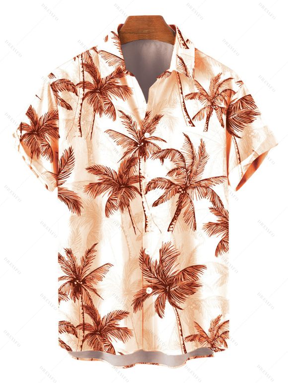 Vacation Couple Outfit Colorblock Coconut Tree Print Flounce Smocked Slit Dress and Shirt Set - Orange S | US 4