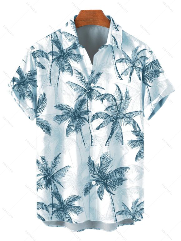 Vacation Couple Outfit Colorblock Coconut Tree Print Flounce Smocked Slit Dress and Shirt Set - Bleu clair S | US 4