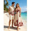 Vintage Vacation Couple Outfit Floral Leaf Silhouette Print Plunging Neck Open Back Maxi Dress and Shirt Set - Champagne S | US 4