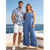 Hawaiian Vacation Couple Outfit Solid Color Tied Shoulder Jumpsuit and Botanical Leaf Silhouette Print Shirt Set - Bleu Ciel S | US 4