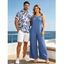 Hawaiian Vacation Couple Outfit Solid Color Tied Shoulder Jumpsuit and Botanical Leaf Silhouette Print Shirt Set - Bleu Ciel S | US 4