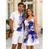 Vacation Couple Outfit Ombre Flower Print Spaghetti Strap Dress and Shirt Set - Bleu profond S | US 4