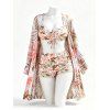 3 Pcs Hawaiian Vacation Bikini Swimsuit Tropical Flower Print Cinched Boyshorts Sheer Cover-up Beach Swimwear Set - Rose clair XXL | US 12