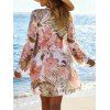 3 Pcs Hawaiian Vacation Bikini Swimsuit Tropical Flower Print Cinched Boyshorts Sheer Cover-up Beach Swimwear Set - Rose clair XXL | US 12