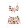 3 Pcs Hawaiian Vacation Bikini Swimsuit Tropical Flower Print Cinched Boyshorts Sheer Cover-up Beach Swimwear Set - Rose clair XXL | US 12
