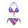 Hawaiian Vacation Bikini Swimsuit Allover Tropical Floral Leaf Print Tied Open Back Halter Beach Swimwear Set - Bleu XXL | US 12