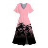 Beach Vacation Dress Coconut Tree Print Ombre Flutter Sleeve V Neck Slit Dress - Rose XXL | US 14