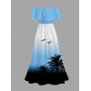 Vacation Dress Coconut Tree Seagulls Print Ombre Flounce Off the Shoulder Smocked Slit Dress - Bleu Ciel XXL | US 14