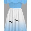 Vacation Dress Coconut Tree Seagulls Print Ombre Flounce Off the Shoulder Smocked Slit Dress - Bleu Ciel XXL | US 14