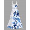 Hawaiian Vacation Dress Tropical Flower Monstera Leaf Print Lace Hollow Out Slit Dress - Bleu Ciel XXXXXL | US 20