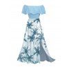 Vacation Dress Colorblock Coconut Tree Print Flounce Off the Shoulder Smocked Slit Dress - Bleu clair XXXL | US 16