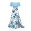 Vacation Dress Colorblock Coconut Tree Print Flounce Off the Shoulder Smocked Slit Dress - Bleu clair XXXL | US 16