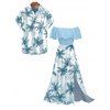 Vacation Couple Outfit Colorblock Coconut Tree Print Flounce Smocked Slit Dress and Shirt Set - Bleu clair S | US 4
