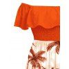 Vacation Couple Outfit Colorblock Coconut Tree Print Flounce Smocked Slit Dress and Shirt Set - Orange S | US 4
