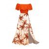 Vacation Couple Outfit Colorblock Coconut Tree Print Flounce Smocked Slit Dress and Shirt Set - Orange S | US 4