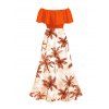 Vacation Couple Outfit Colorblock Coconut Tree Print Flounce Smocked Slit Dress and Shirt Set - Orange S | US 4