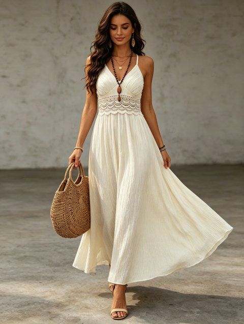 Vacation Dress Solid Color Lace Panel Cut Out Back Tied Spaghetti Strap Maxi Dress
