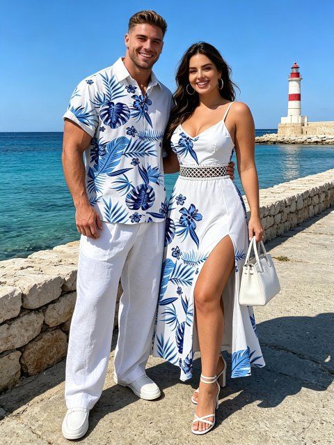 Hawaiian Vacation Couple Outfit Tropical Flower Monstera Leaf Print Lace Hollow Out Slit Dress and Shirt Set