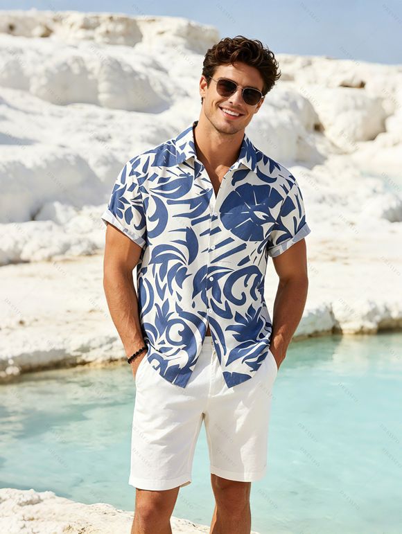 Men's Vacation Shirt Botanical Leaf Scroll Silhouette Print Button Up Shirt - Bleu clair 4XL